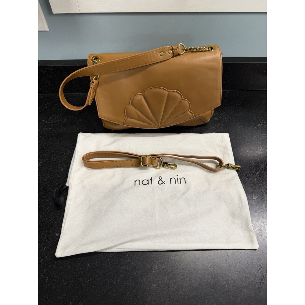 Nat & Nin Chelsea Leather Shoulder Crossbody Bag Camel Tan Fan Flap w/ Strap